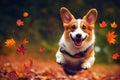 3d illustration of happy corgi jumping autumn forest running Generative AI illustration Royalty Free Stock Photo