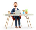 3D illustration of happy cute man working at the desk in modern office. Cartoon smiling bearded businessman or freelancer