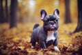 3d illustration of happy french bulldog puppy jumping in autumn forest Generative AI illustration Royalty Free Stock Photo