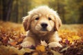 3d illustration of happy golden retriever puppy laying down in autumn leaves Generative AI illustration