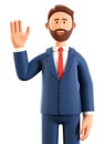 3D illustration of happy greeting gesture man waving hand. Cute cartoon smiling businessman saying hello, isolated on white Royalty Free Stock Photo