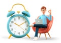 3D illustration of happy man with laptop showing ok gesture and sitting in armchair nearby a huge vintage alarm clock.