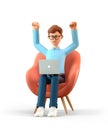 3D illustration of happy man with laptop sitting in armchair and throwing his hands up in the air. Cartoon joyful businessman