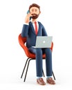 3D illustration of happy man with laptop talking on the smartphone and sitting in a chair. Cartoon smiling bearded businessman on