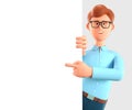 3D illustration of happy man pointing finger at blank presentation board. Cute cartoon businessman with advertising placard Royalty Free Stock Photo