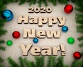 3D illustration 2020 Happy New year greeting card letters made of plywood and Christmas tree branches