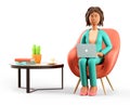 3D illustration of happy smiling african american woman with laptop sitting in armchair. Cartoon elegant businesswoman in office