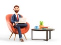 3D illustration of happy smiling businessman in suit with laptop sitting in armchair. Cartoon office workplace. Royalty Free Stock Photo