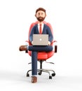 3D illustration of happy smiling businessman in suit with laptop sitting in armchair and looking at camera. Cartoon bearded man Royalty Free Stock Photo