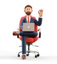 3D illustration of happy smiling businessman in suit with laptop sitting in armchair and showing ok gesture. Cartoon bearded man