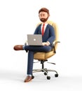 3D illustration of happy businessman in suit using laptop and sitting in roller armchair. Cartoon man