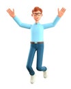 3D illustration of happy smiling man jumping celebrating success. Cartoon winning businessman with his hands in the air Royalty Free Stock Photo