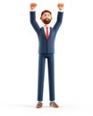 3D illustration of happy standing man throwing his hands up in the air. Cartoon joyful bearded businessman celebrating success