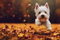 3d illustration of happy westie puppy jumping autumn forest with leaves fall Generative AI illustration