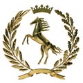 3D illustration Heraldry, coat of arms. Golden olive branch, oak branch, crown, shield, horse. Isolat.