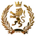 3D illustration Heraldry, coat of arms. Golden olive branch, oak branch, crown, shield, lion. Isolat.