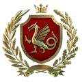 3D illustration Heraldry, red coat of arms. Golden olive branch, oak branch, crown, shield, dragon. Isolat.