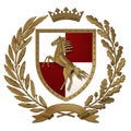 3D illustration Heraldry, red-white coat of arms. Golden olive branch, oak branch, crown, shield, horse. Isolat.