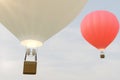 3D illustration hot air balloon on sky background. White, red, blue, green and yellow air ballon flyes on sky. Royalty Free Stock Photo