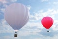 3D illustration hot air balloon on sky background. White, red, blue, green and yellow air ballon flyes on sky. Royalty Free Stock Photo