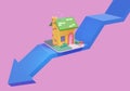 An 3D illustration of a house icon in an downward direction. A negative falling trend in real estate price. 3D rendering Royalty Free Stock Photo