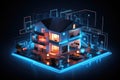 3d illustration of a house in neon light on a dark background, Highlight the concept of the Internet of Things in a smart home Royalty Free Stock Photo