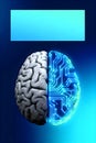 3D illustration of a human brain split in half, one side organic and the other glowing with electronic circuits Royalty Free Stock Photo