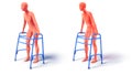 3d illustration of a human figure with difficulty walking supported by an elderly person`s walker.