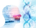 3d illustration of human head on dna molecules abstract technol Royalty Free Stock Photo
