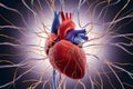 3D illustration of human heart intertwined with neurons, depicting nervous system, medical background