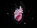 3D illustration of a human heart presented in geometric shapes consisting of white lines scattered around its periphery