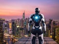 3D illustration of humanoid security robot watching the city from elevated platform Royalty Free Stock Photo