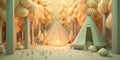3D Illustration Hut Tents In Forest And Bonfire
