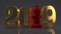 3D illustration of 2019. hydrant instead of a unit, the idea of celebration, a year of security, fire system. 3D rendering Royalty Free Stock Photo