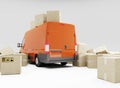 3d illustration. Inaccurate package handling and delivery. Heap of boxes and red van. White background.