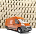3d illustration. Inaccurate package handling and delivery. Heap of boxes and red van. White background.