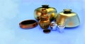 3d, Indian style vintage Brass utensils with worship pots. Royalty Free Stock Photo
