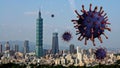 3D illustration. Influenza Covid 19 virus with tower Taipei. Coronavirus Taiwan