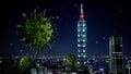 3D illustration. Influenza Covid 19 virus with tower Taipei. Coronavirus Taiwan