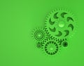 3d illustration of interlocking cogwheel in green color. Minimal concept 3d render. Copyspace. Concept of cooperation and teamwork