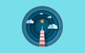 3D illustration of Island with lighthouse on sea view sunlight blue sky circle concept,Hot Summer time season Graphic design