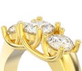 3D illustration isolated close up yellow gold three stone diamond ring Royalty Free Stock Photo