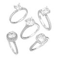 3D illustration isolated five different silver decorative diamond rings