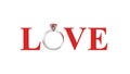 3D illustration isolated red text word love with ruby silwer ring on a white background