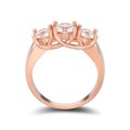 3D illustration isolated rose gold three stone diamond ring with