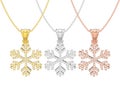 3D illustration isolated three rose, yellow and white gold diamond snowflake necklace and chain Royalty Free Stock Photo