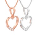 3D illustration isolated two jewelry rose and white gold or silver diamond heart necklaces on chains