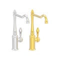 3D illustration isolated two yellow and white gold or silver chrome vintage old faucets Royalty Free Stock Photo