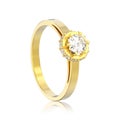 3D illustration isolated yellow gold halo bezel pave diamond ring with reflection