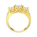 3D illustration isolated yellow gold three stone diamond ring Royalty Free Stock Photo